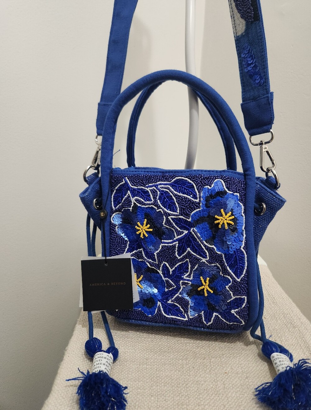 Embroidered Blue Beaded Floral Bag!